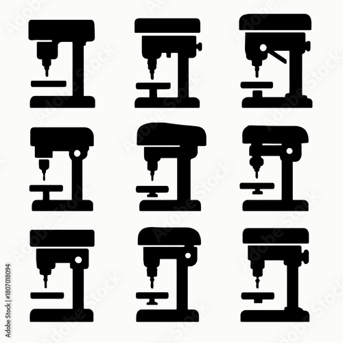 Set of nine black silhouette drill press icons in grid pattern