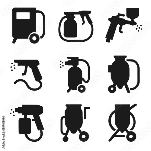 Black silhouettes of industrial spray paint guns and equipment