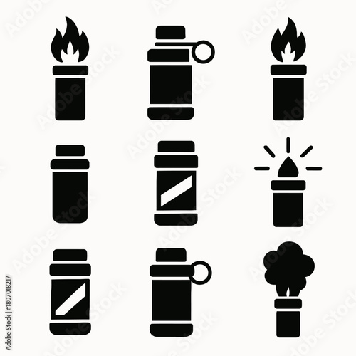 Icon set of thermos and flask with fire and steam elements