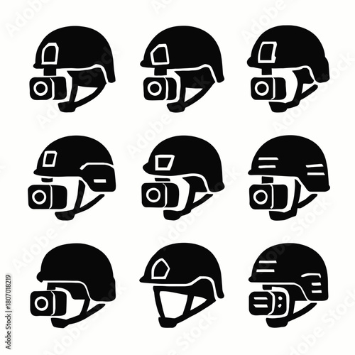 Icons of military helmets with cameras featuring night vision goggles