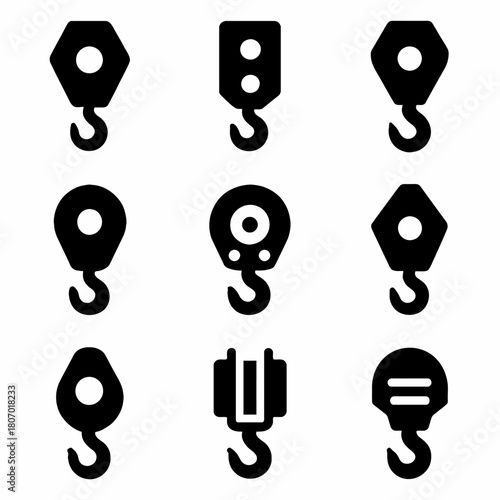 Set of nine industrial hook icons for heavy lifting equipment