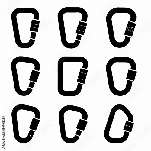 Set of nine black carabiner icons with various locking mechanisms