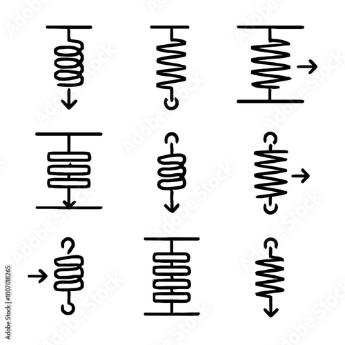 Collection of nine electrical schematic symbols for inductors with arrows