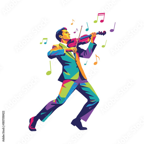 Dynamic violinist performing vibrant music with colorful notes, elegant performance for concert posters and music education materials, expressive art