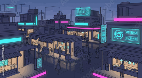 Stylized depiction of a futuristic city with neon lights and a bustling atmosphere