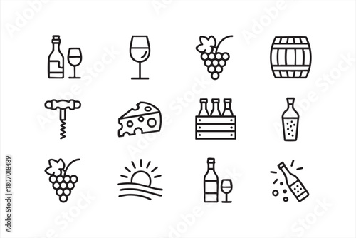 Vineyard line icon set featuring wine bottles, glasses, cheese and champagne for app interfaces