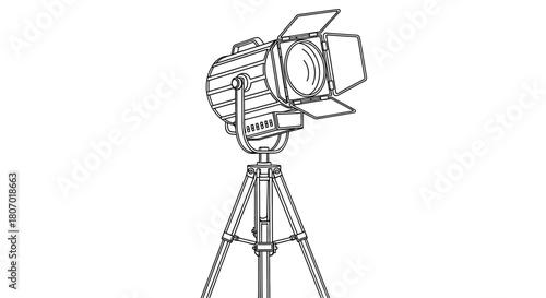 Technical drawing of a Fresnel spotlight fixture illuminated by stage and studio equipment