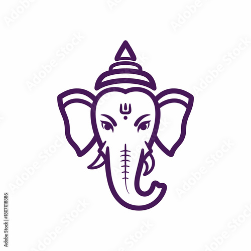 A stylized purple line art icon of the Hindu deity Ganesha's head with a crown and tilak mark.
