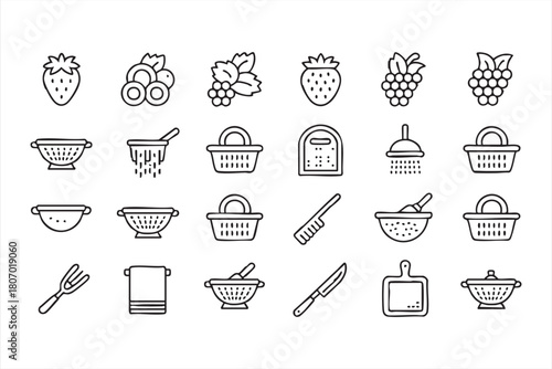 Food prep outline symbols with washing elements, baskets and utensils for web layouts