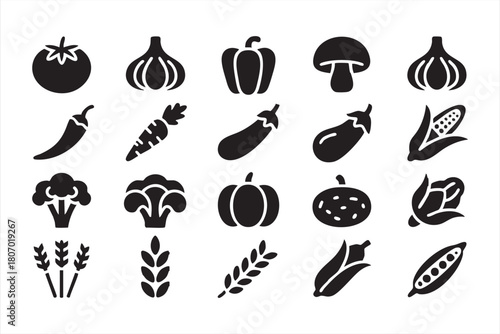 Seasonal harvest food silhouettes including tomatoes, peppers and mushrooms for digital use
