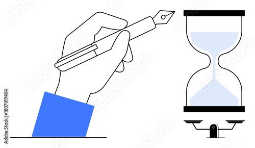 Hand holding a fountain pen beside an hourglass symbolizing writing, creativity, and time constraints. Ideal for productivity, planning, deadlines, efficiency, focus, organization and artistic