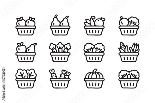 Autumn market produce baskets with seasonal vegetables and fruit for app design