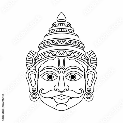 A traditional line art illustration of a mythological Indian king or deity face with an ornate crown and mustache.