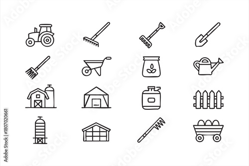 Farm operations icon suite including tractor, tools, cart and storage structures for UI kits