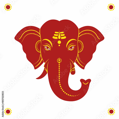 A stylized red and yellow illustration of the Hindu god Ganesha's head with traditional markings.
