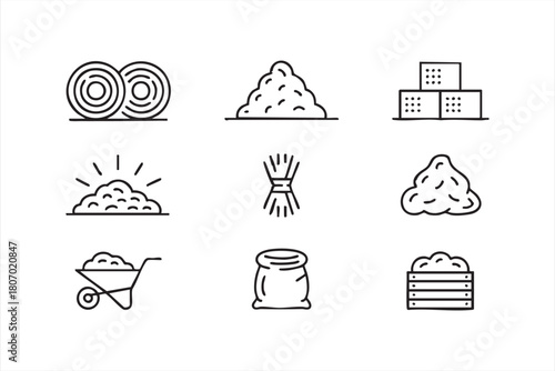 Landscaping supply line set featuring mulch piles, crates and sacks for web interfaces