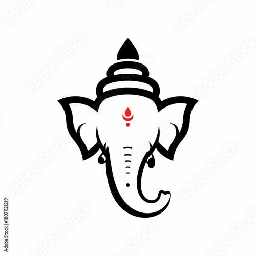 Stylized minimalist illustration of the Hindu deity Ganesha's elephant head with a red bindi.