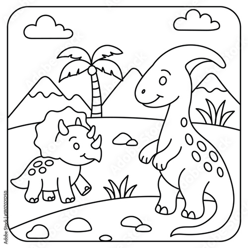 Cute Dinosaurs in Prehistoric Landscape – Kids Printable Coloring Page