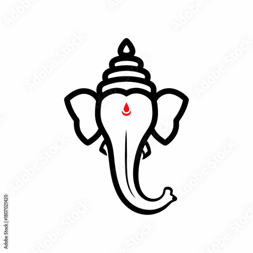 Stylized black outline illustration of the Hindu deity Ganesha's elephant head, featuring a multi-tiered crown and a red forehead mark.