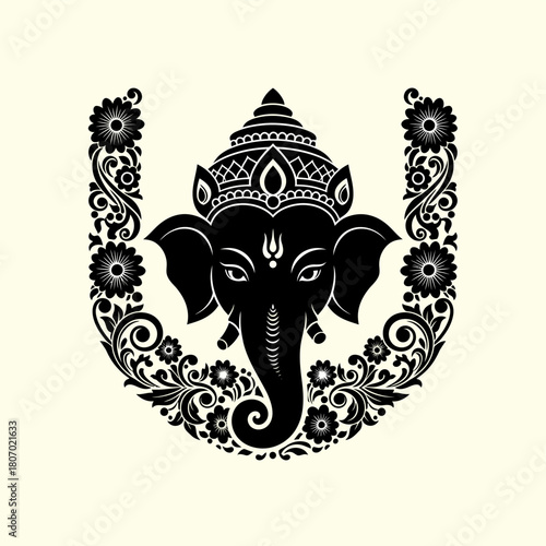 A stylized black and white illustration of the Hindu deity Ganesha, surrounded by floral embellishments.