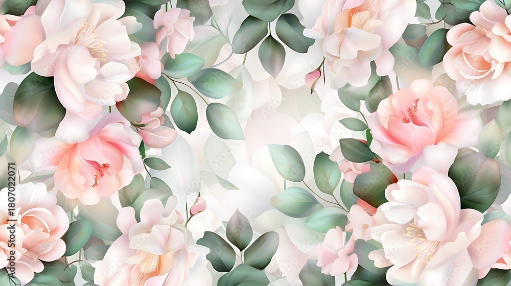 Fototapeta premium Elegant Floral Seamless Pattern with Soft Pink Roses and Green Leaves for Background Design
