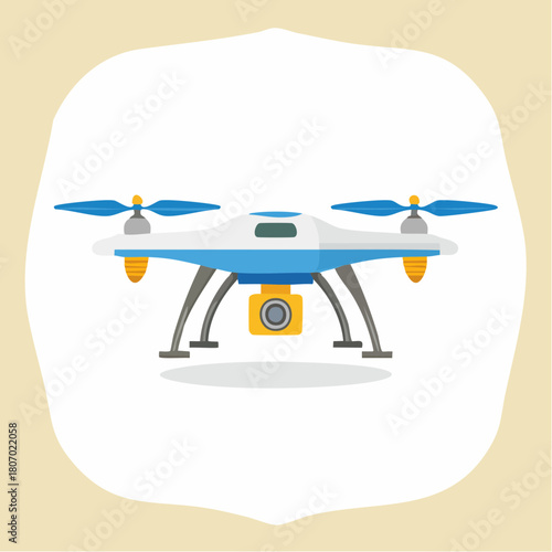 A detailed illustration of a modern drone with a camera, ready for aerial photography and videography.