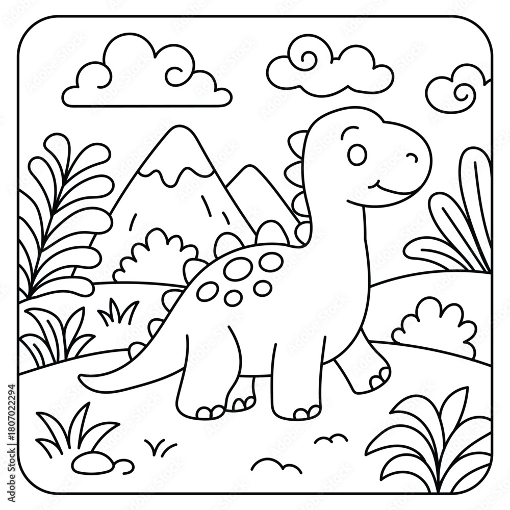 Obraz premium Cute Dinosaur in Mountain Landscape – Kids Printable Coloring Page