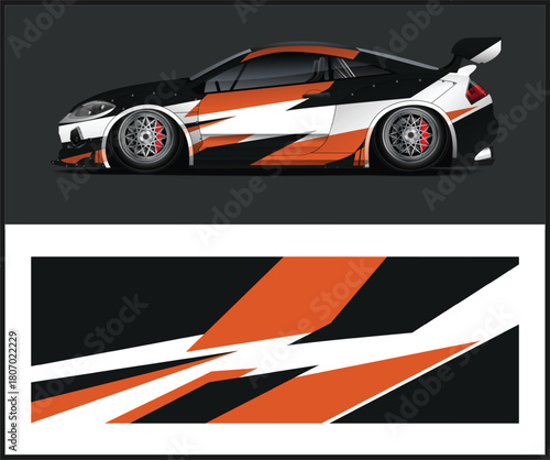 Modern car wrap design with orange black and white graphics for vehicle customization