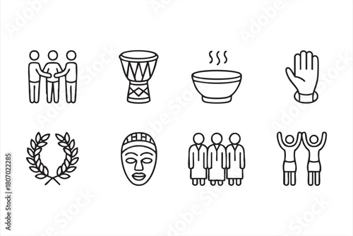 Community gathering line icons featuring celebration figures, bowl symbol and hand gesture for apps