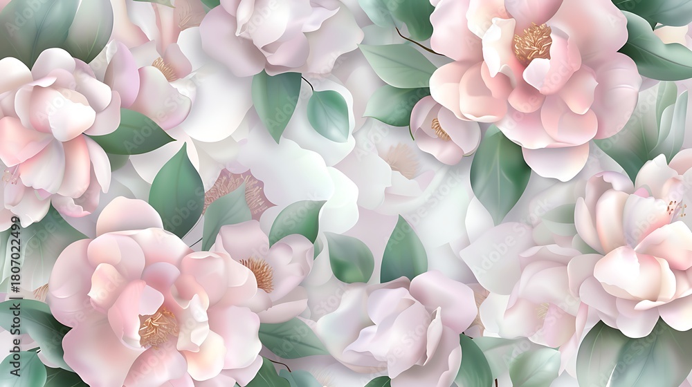 Obraz premium Soft Pink Floral Pattern with Delicate Peonies and Green Leaves on a Light Background