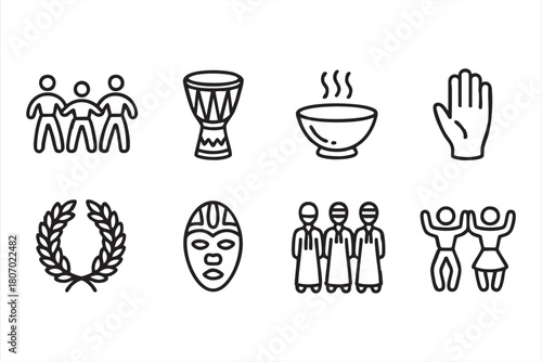 Community interaction symbols including groups, gestures and cultural elements for UI kits