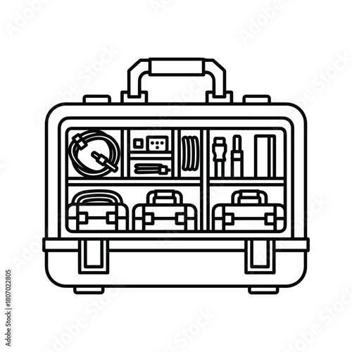 Open suitcase with compartments and tools, isolated on