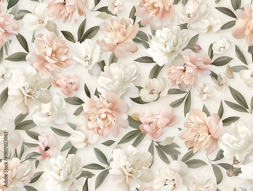 Soft and Elegant Floral Pattern with Pastel Peonies and Leaves on a Light Background