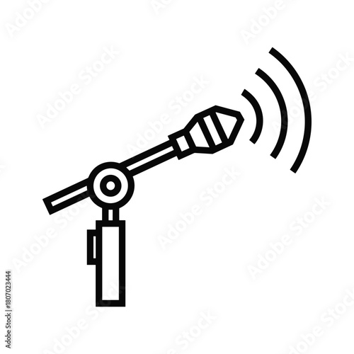 Line art icon of a microphone on a stand with sound waves emanating from it, isolated on