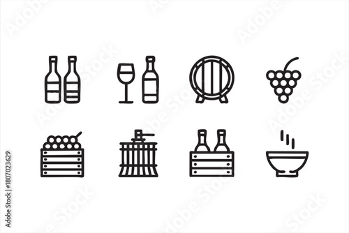 Winery workflow line icons featuring grape crates, fermentation barrels and drinkware for apps