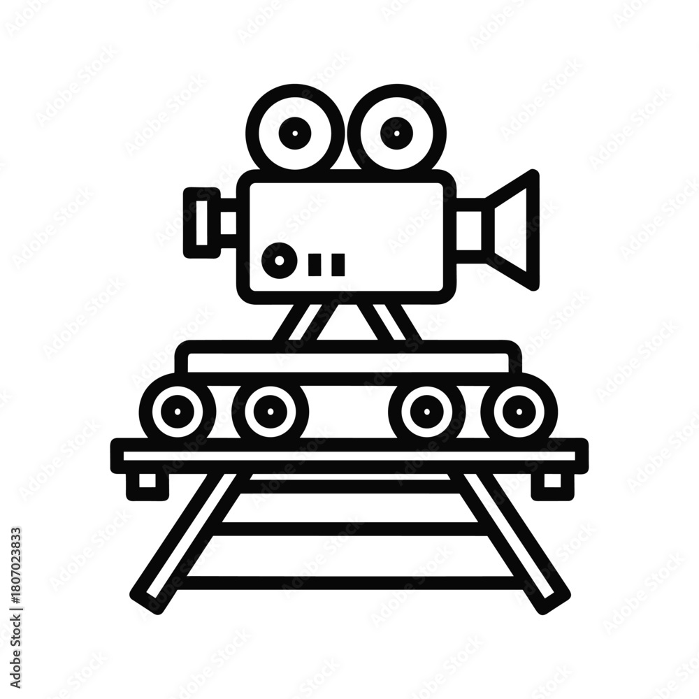 Fototapeta premium Vintage movie camera on a dolly with tracks, isolated on