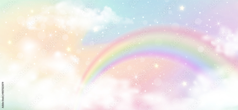 Obraz premium Magical unicorn background with rainbow gradient, sparkling star, holographic sky cloud and bokeh light. Kawaii, mermaid and cute candy social media wallpaper. Birthday party and fairy tale backdrop.