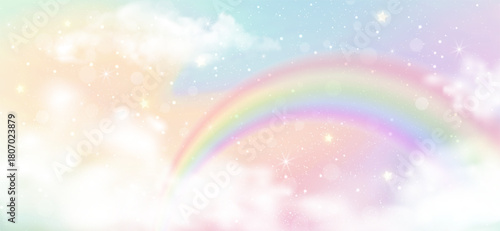 Magical unicorn background with rainbow gradient, sparkling star, holographic sky cloud and bokeh light. Kawaii, mermaid and cute candy social media wallpaper. Birthday party and fairy tale backdrop.