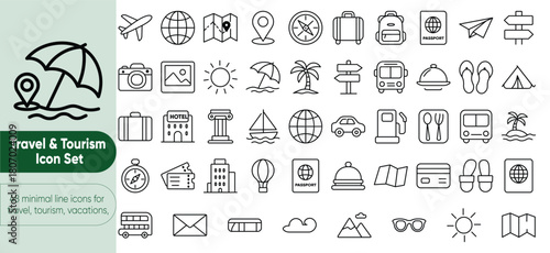 Minimal line icons for trips, vacations, flights, tickets, hotels, resorts, cars, maps, and sightseeing — perfect for apps, websites, presentations, UI/UX design, and travel branding. Includes 48 icon