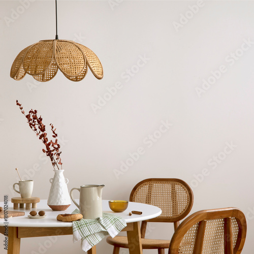 The stylish dining room with round table, rattan chair, lamp and kitchen accessories. Green leaf in vase.  Beige wall. Home decor. Template.