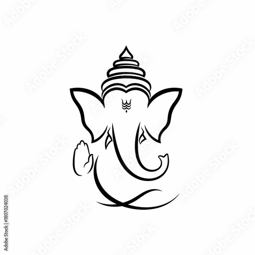 Black and white line art illustration of the Hindu god Ganesha, featuring his elephant head, trunk, and symbolic hand gesture.