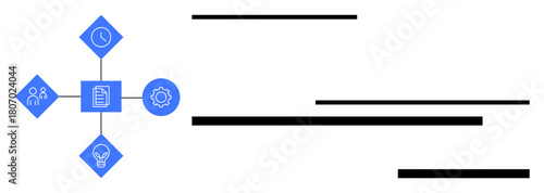 Cluster of icons connected by thin lines representing collaboration, task planning, time management, innovation, and automation. Ideal for teamwork, productivity, goal setting, project management