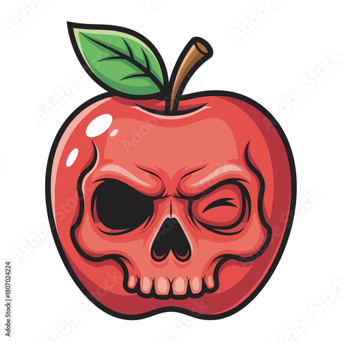 A cartoon illustration of a red poison apple with a winking skull face and a green leaf.