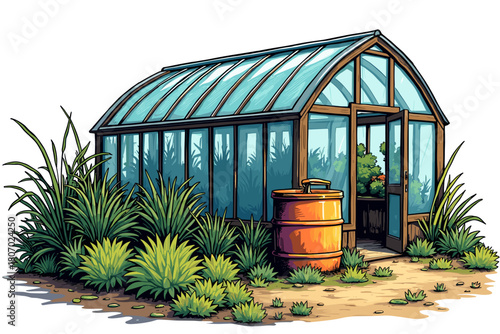 Rain barrel beside a greenhouse with lush greenery on a sunny day