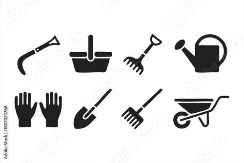 Tool and supply silhouettes for gardening dashboards, menu screens and interface kits