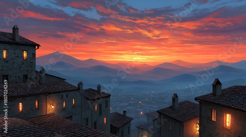 Serene Sunset Over Mountain Village with Cozy Houses and Warm Glowing Windows in Calm Evening Sky