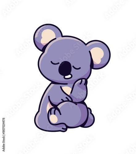 Cute asleep koala sits, has a rest. Adorable baby animal sleeps. Funny little bear of jungle relaxes, slumbers, has a nap. Happy sleepy character. Flat isolated vector illustration on white background