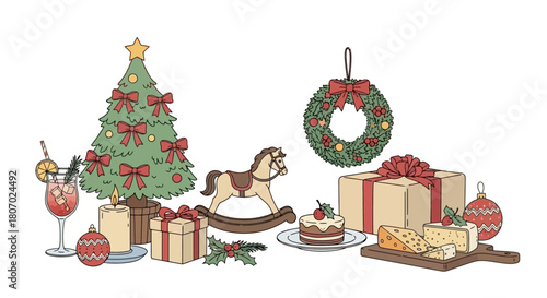 Festive Holiday Illustration Christmas Tree, Gifts, Food, and Decorations for Celebration Season
