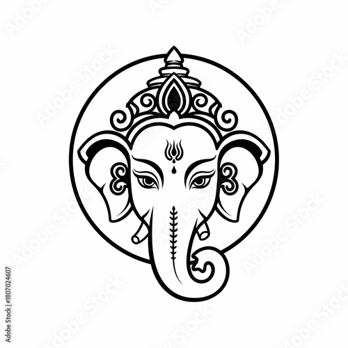 A black and white illustration of the Hindu deity Ganesha, head and face.