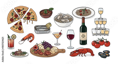 Delicious Food and Drink Assortment Pizza, Oysters, Wine, and More in a Colorful Illustration